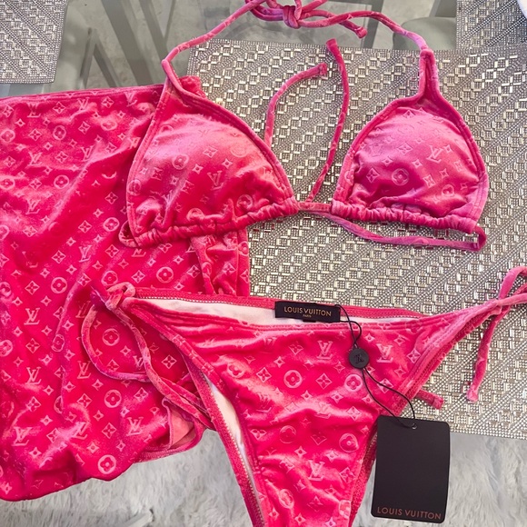 💗 LOUIS VUITTON Monogram LV Velvet Hot Pink Bikini & Skirt Swim Swimsuit NEW M - Picture 1 of 12